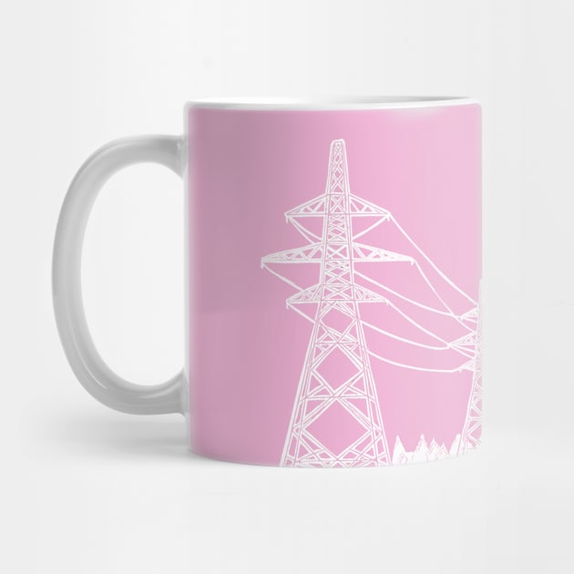 Electricity Pylons Lino Print Silhouette in White and Pink by Maddybennettart